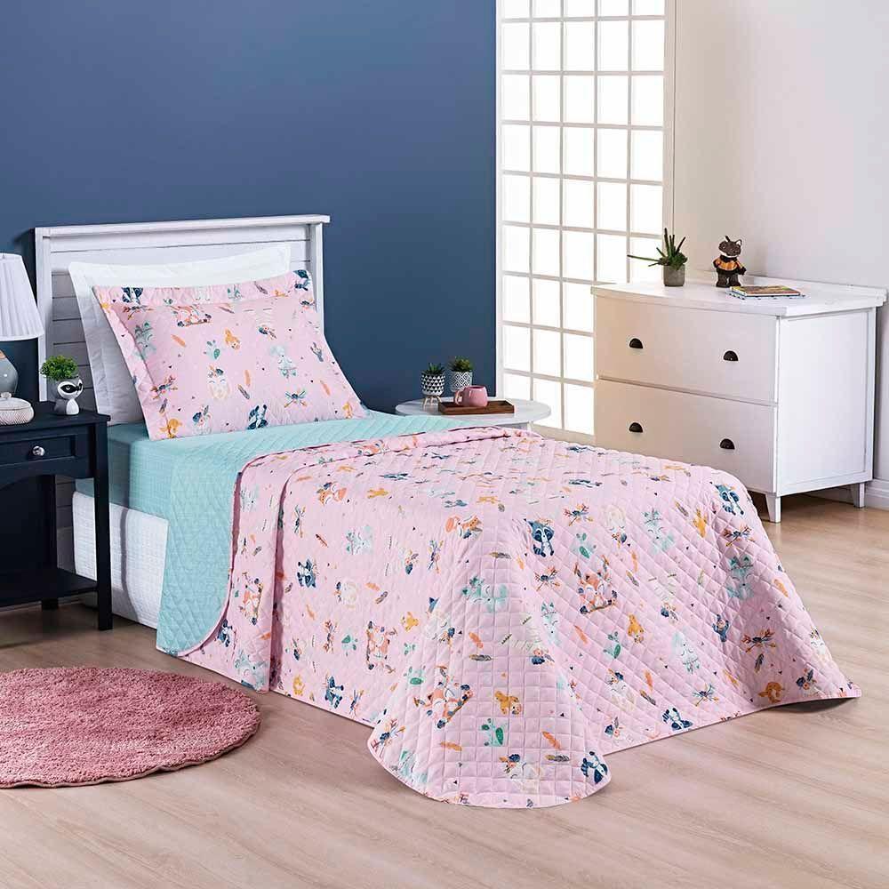 Kit Cobre Leito Colcha Joy Kids Solteiro Infantil 2 Peças Micropercal 200 Fios - Foxy Raposa Rosa - 100% Poliéster - 2