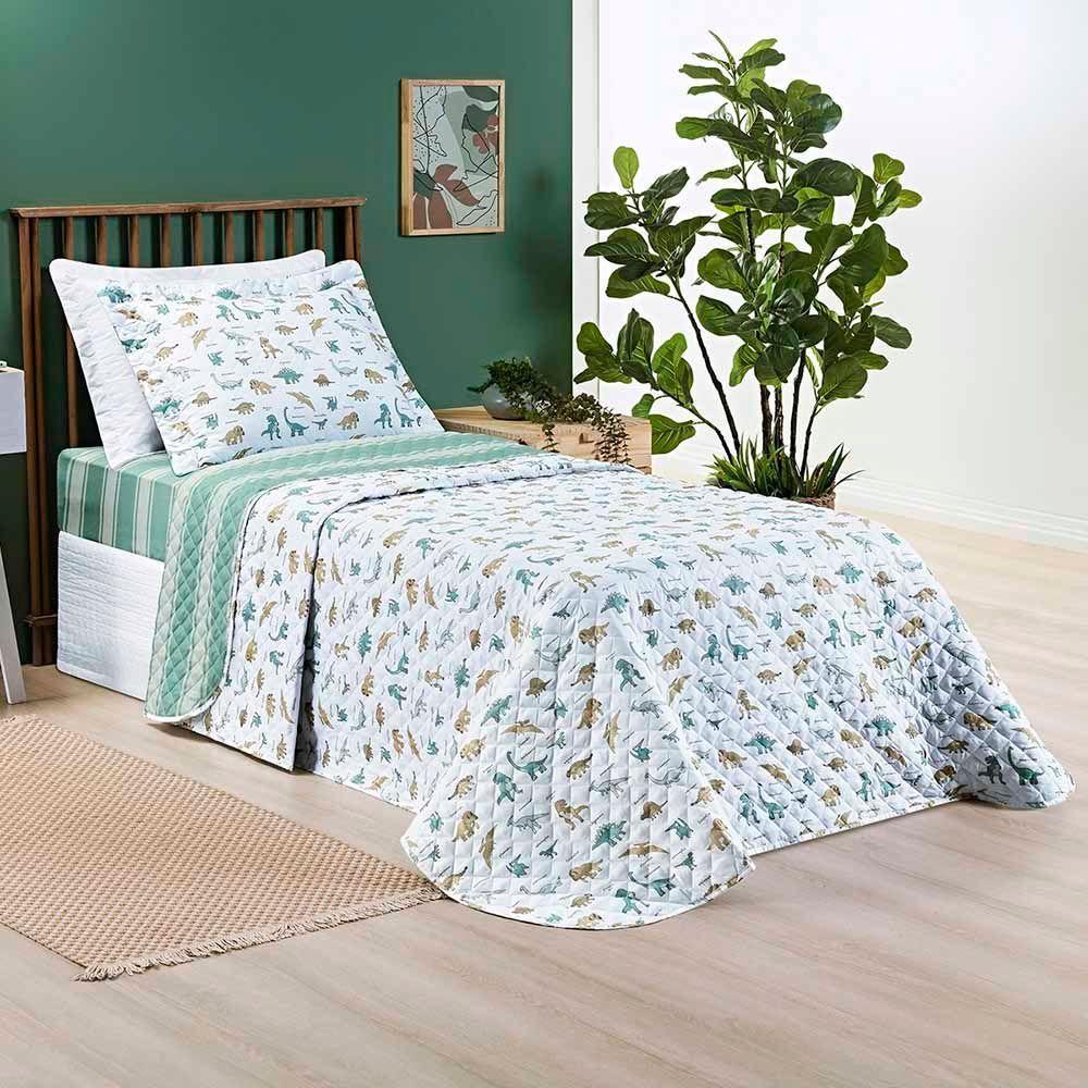 Kit Cobre Leito Colcha Joy Kids Solteiro Infantil 2 Peças Micropercal 200 Fios - Dino World - 100% Poliéster - 2