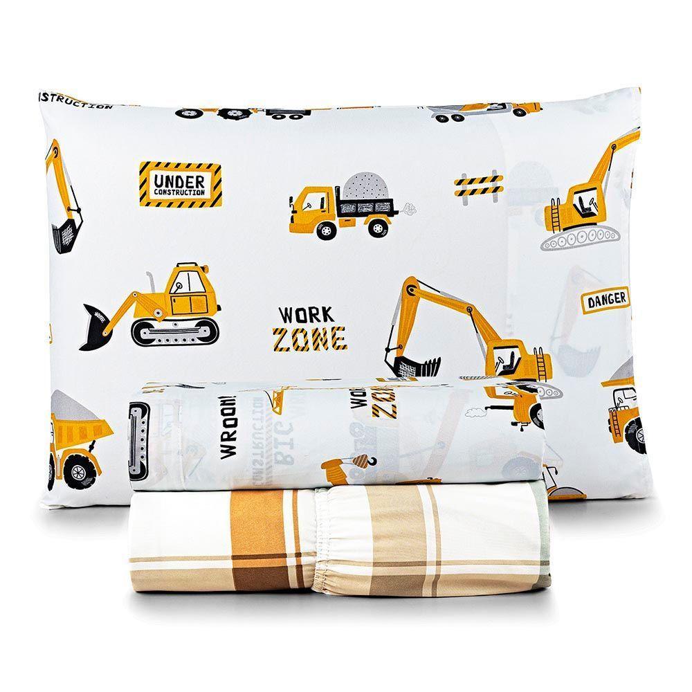 Jogo De Lençol Joy Kids Solteiro 3 Peças Micropercal 200 Fios Infantil - Manny Trator - 100% Poliéster - 1