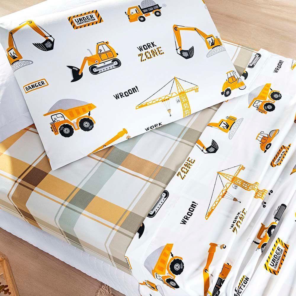 Jogo De Lençol Joy Kids Solteiro 3 Peças Micropercal 200 Fios Infantil - Manny Trator - 100% Poliéster - 2