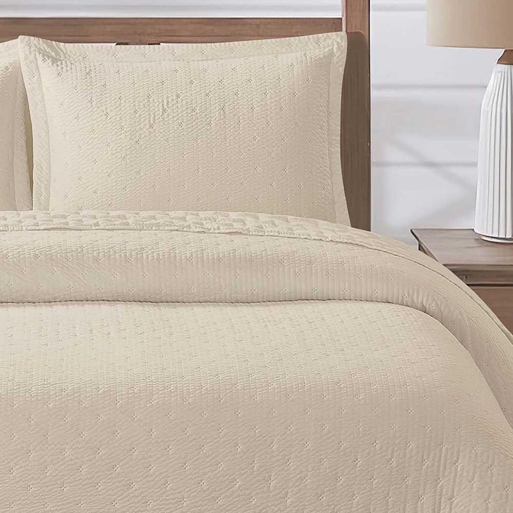 Kit Cobre Leito Colcha Craft Casal 3 Peças Percal 300 Fios Dupla Face Texturizado - Bege - 100% Poliéster - 3