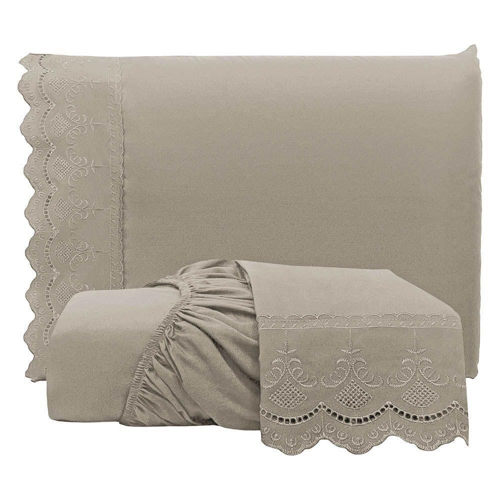Jogo De Lençol Realce King 3 Peças Percal 300 Fios Bordado Inglês Macio - Fendi - 100% Poliéster - 1