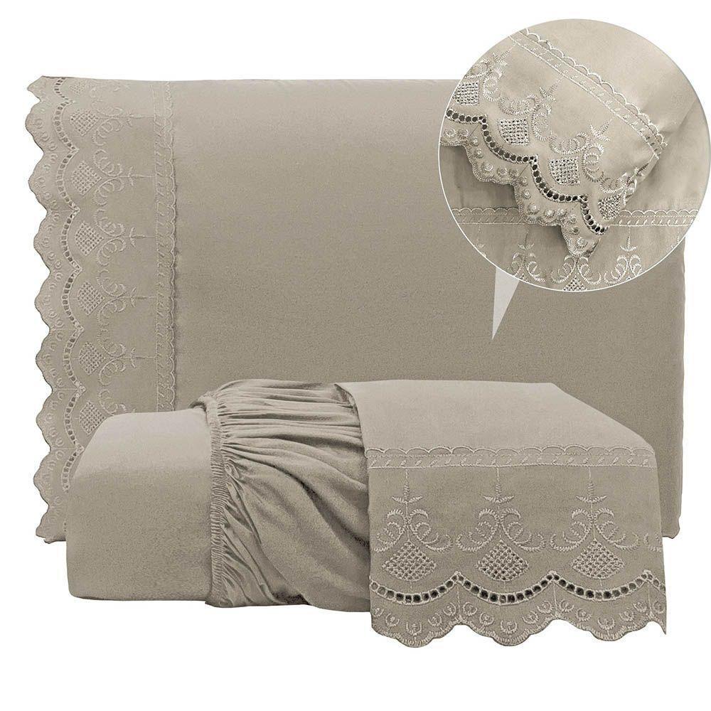 Jogo De Lençol Realce King 3 Peças Percal 300 Fios Bordado Inglês Macio - Fendi - 100% Poliéster - 3