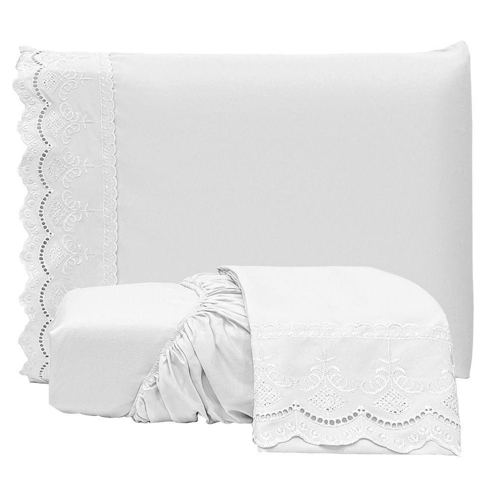 Jogo De Lençol Realce Queen 3 Peças Percal 300 Fios Bordado Inglês Macio - Branco - 100% Poliéster - 1