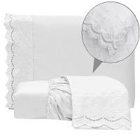 Jogo De Lençol Realce Queen 3 Peças Percal 300 Fios Bordado Inglês Macio - Branco - 100% Poliéster - 3