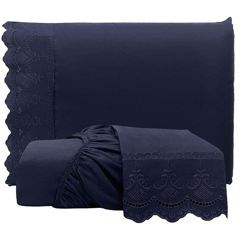 Jogo De Lençol Realce Queen 3 Peças Percal 300 Fios Bordado Inglês Macio - Azul Marinho - 100% Poliéster - 1