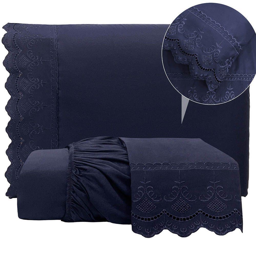 Jogo De Lençol Realce Queen 3 Peças Percal 300 Fios Bordado Inglês Macio - Azul Marinho - 100% Poliéster - 3
