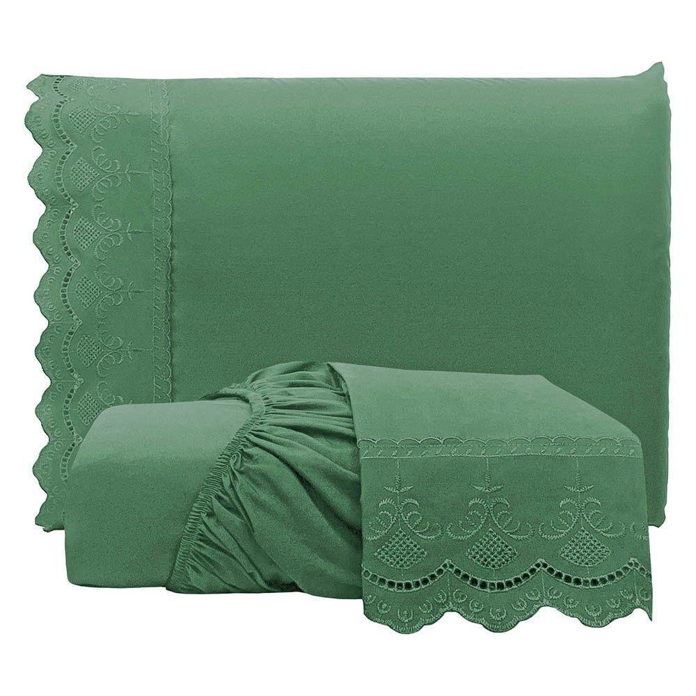 Jogo De Lençol Realce Casal 3 Peças Percal 300 Fios Bordado Inglês Macio - Verde - 100% Poliéster - 1