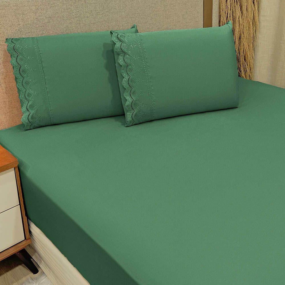 Jogo De Lençol Realce Casal 3 Peças Percal 300 Fios Bordado Inglês Macio - Verde - 100% Poliéster - 2