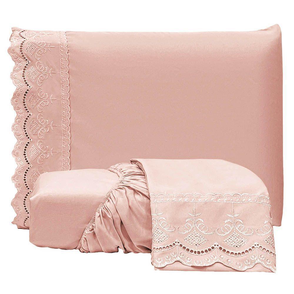 Jogo De Lençol Realce Casal 3 Peças Percal 300 Fios Bordado Inglês Macio - Rose - 100% Poliéster - 1