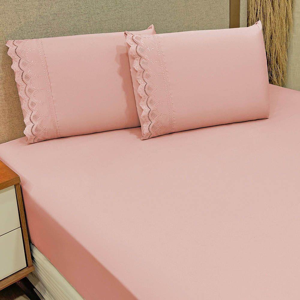 Jogo De Lençol Realce Casal 3 Peças Percal 300 Fios Bordado Inglês Macio - Rose - 100% Poliéster - 2