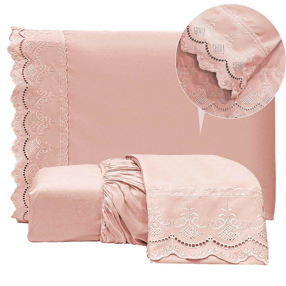 Jogo De Lençol Realce Casal 3 Peças Percal 300 Fios Bordado Inglês Macio - Rose - 100% Poliéster - 3