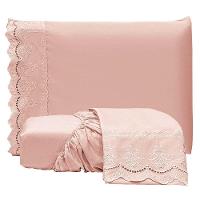 Jogo De Lençol Realce Casal 3 Peças Percal 300 Fios Bordado Inglês Macio - Rose - 100% Poliéster - 1