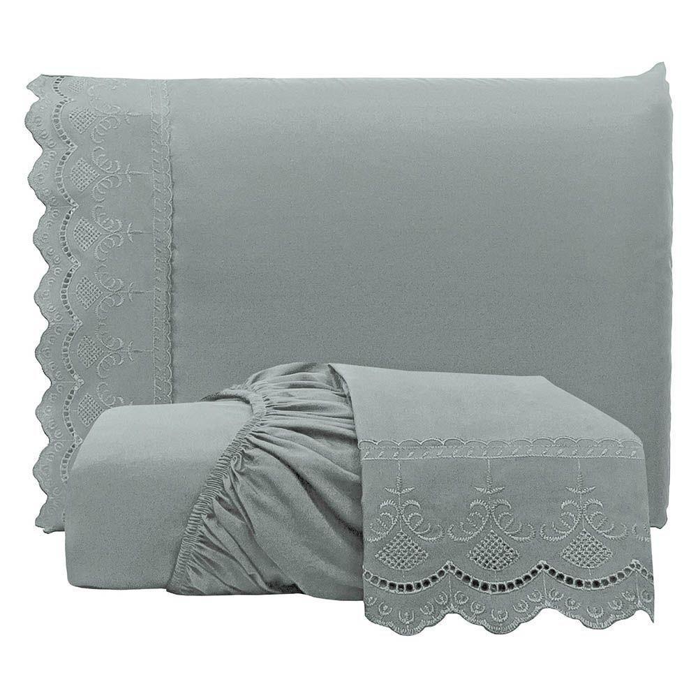 Jogo De Lençol Realce Casal 3 Peças Percal 300 Fios Bordado Inglês Macio - Cinza - 100% Poliéster - 1