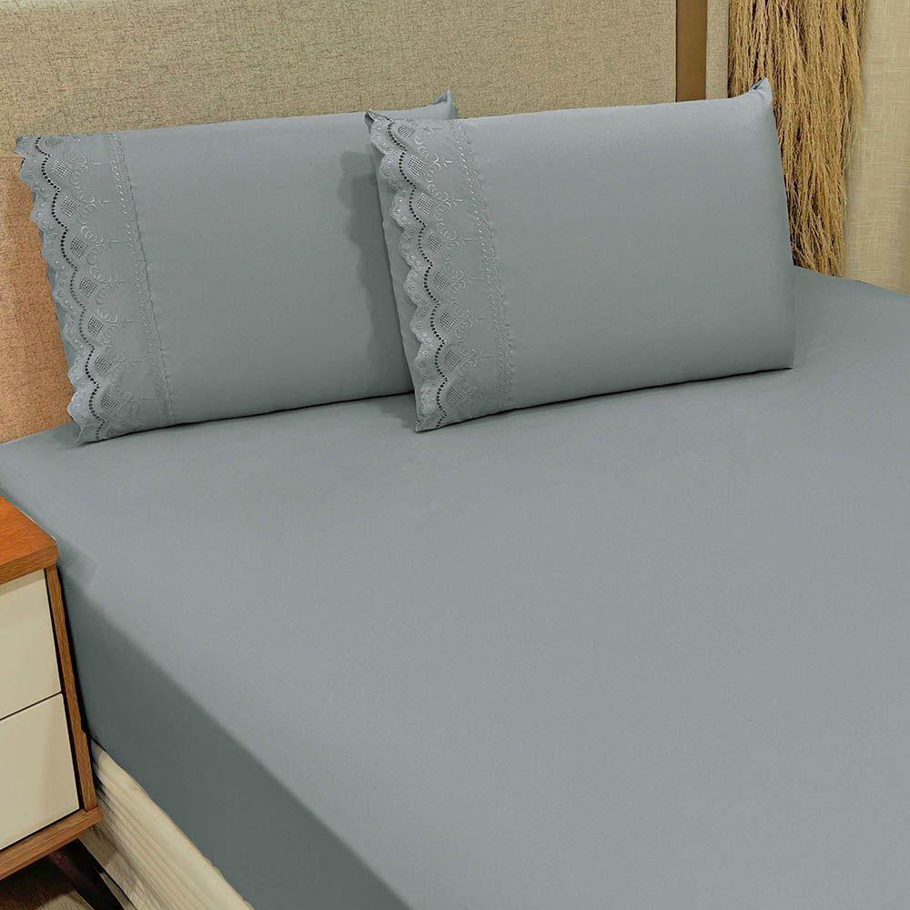 Jogo De Lençol Realce Casal 3 Peças Percal 300 Fios Bordado Inglês Macio - Cinza - 100% Poliéster - 2