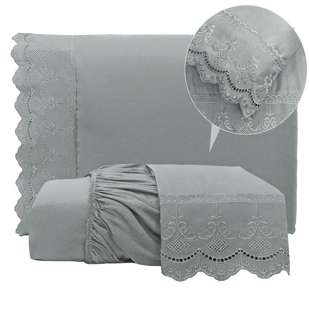 Jogo De Lençol Realce Casal 3 Peças Percal 300 Fios Bordado Inglês Macio - Cinza - 100% Poliéster - 3
