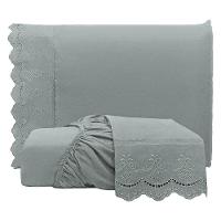 Jogo De Lençol Realce Casal 3 Peças Percal 300 Fios Bordado Inglês Macio - Cinza - 100% Poliéster - 1