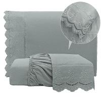 Jogo De Lençol Realce Casal 3 Peças Percal 300 Fios Bordado Inglês Macio - Cinza - 100% Poliéster - 3