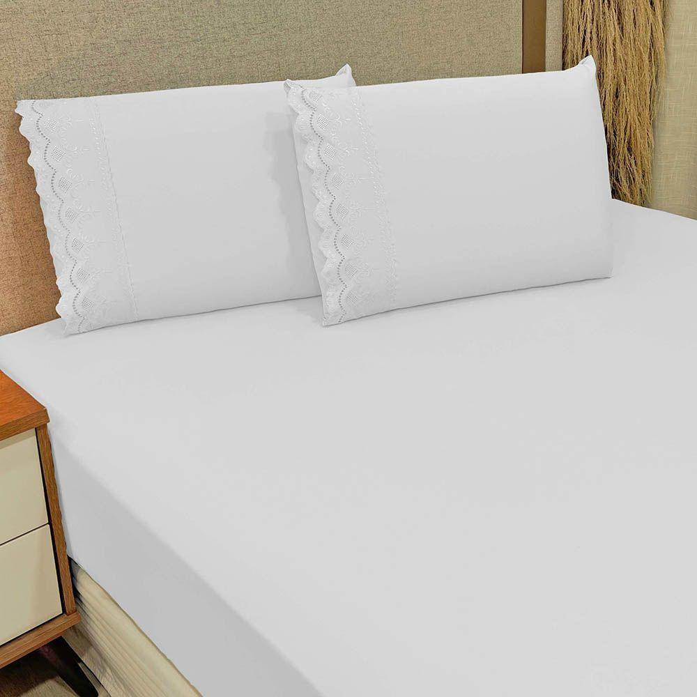 Jogo De Lençol Realce Casal 3 Peças Percal 300 Fios Bordado Inglês Macio - Branco - 100% Poliéster - 2
