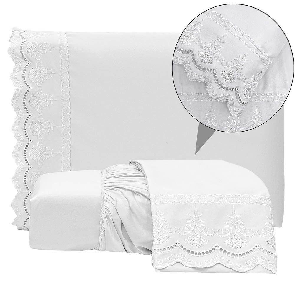 Jogo De Lençol Realce Casal 3 Peças Percal 300 Fios Bordado Inglês Macio - Branco - 100% Poliéster - 3
