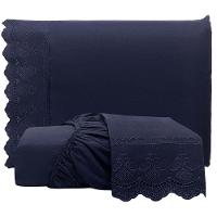Jogo De Lençol Realce Casal 3 Peças Percal 300 Fios Bordado Inglês Macio - Azul Marinho - 100% Poliéster - 1