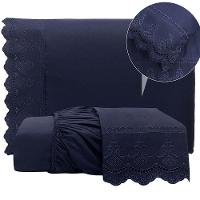 Jogo De Lençol Realce Casal 3 Peças Percal 300 Fios Bordado Inglês Macio - Azul Marinho - 100% Poliéster - 3
