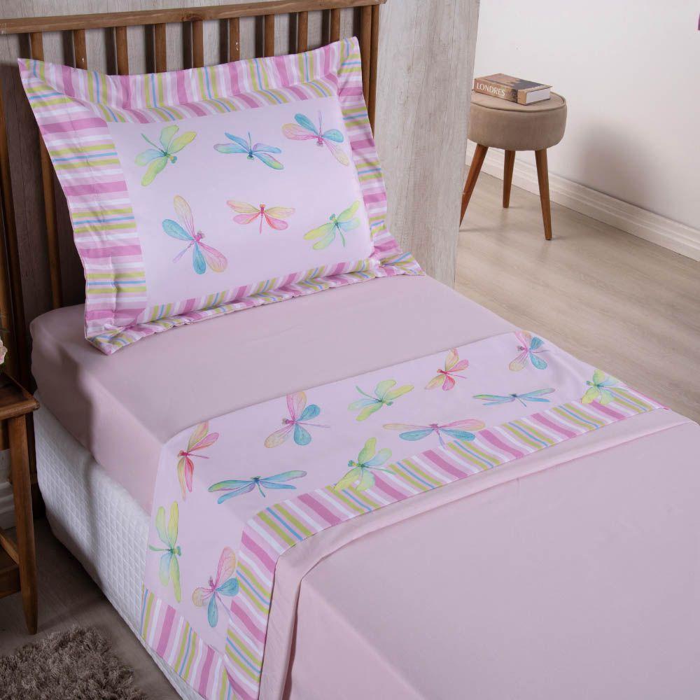Jogo De Lençol Juvenil Girl 3 Peças Micropercal 300 Fios Estampado - Libélula - 100% Poliéster - 1