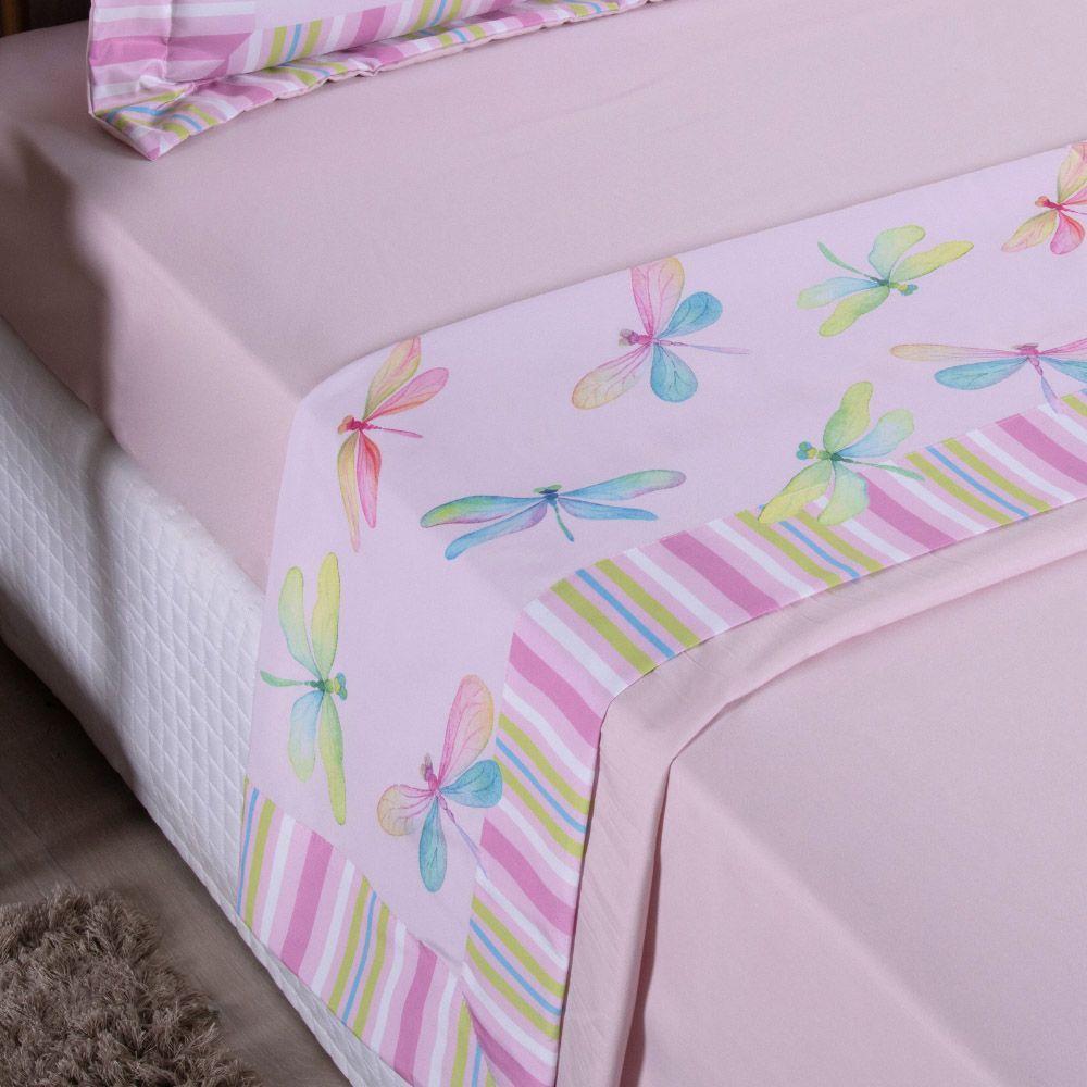 Jogo De Lençol Juvenil Girl 3 Peças Micropercal 300 Fios Estampado - Libélula - 100% Poliéster - 3