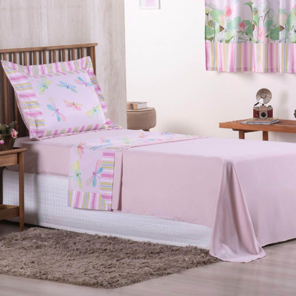 Jogo De Lençol Juvenil Girl 3 Peças Micropercal 300 Fios Estampado - Libélula - 100% Poliéster - 4