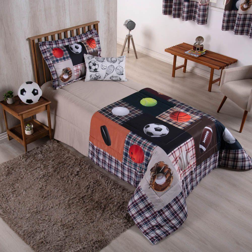 Kit Edredom Juvenil Solteiro 04 Peças Estampado 300 Fios - Esportes - 100% Poliéster - 1