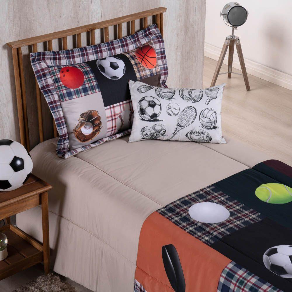 Kit Edredom Juvenil Solteiro 04 Peças Estampado 300 Fios - Esportes - 100% Poliéster - 2