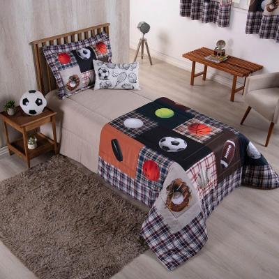 Kit Edredom Juvenil Solteiro 04 Peças Estampado 300 Fios - Esportes - 100% Poliéster
