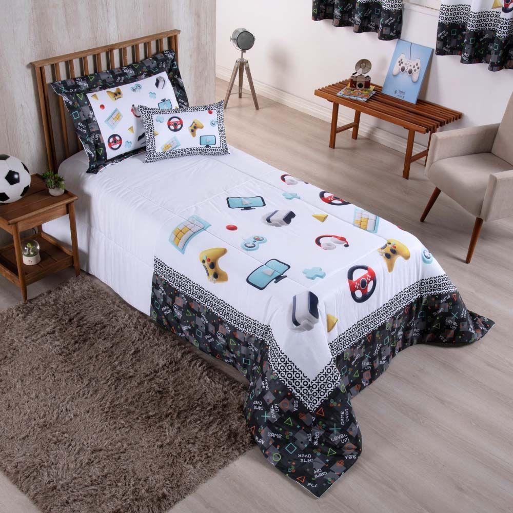 Kit Edredom Juvenil Solteiro 04 Peças Estampado 300 Fios - Games - 100% Poliéster - 1