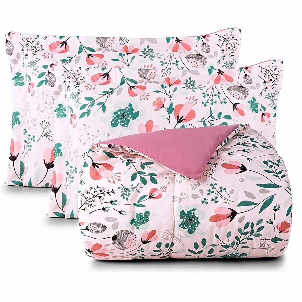 Kit Edredom Júlia Super King 3 Peças Dupla Face Micropercal 200 Fios Floral - Bothanica - 100% Poliéster - 5