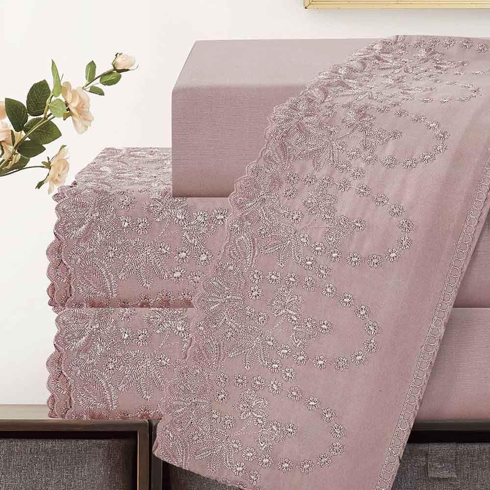 Jogo De Lençol Lummi Queen 4 Peças Percal 300 Fios Bordado Inglês Macio - Malva - 100% Poliéster - 2