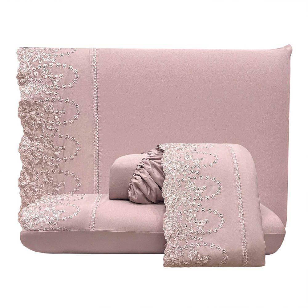 Jogo De Lençol Lummi Queen 4 Peças Percal 300 Fios Bordado Inglês Macio - Malva - 100% Poliéster - 4