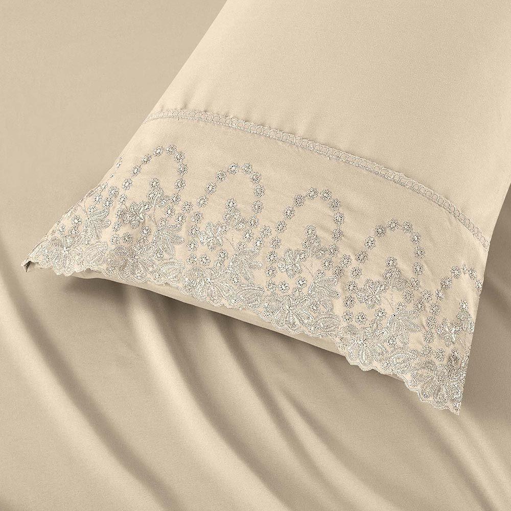 Jogo De Lençol Lummi Casal 4 Peças Percal 300 Fios Bordado Inglês Macio - Pérola - 100% Poliéster - 3