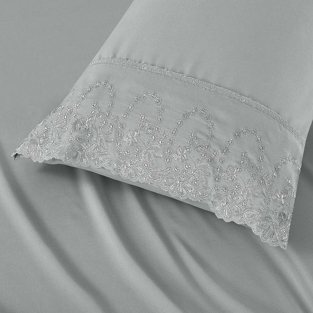 Jogo De Lençol Lummi Casal 4 Peças Percal 300 Fios Bordado Inglês Macio - Cinza - 100% Poliéster - 2