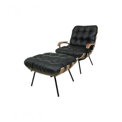 Poltrona E Puff De Couro Costela Com Braço Marrom Bicolor