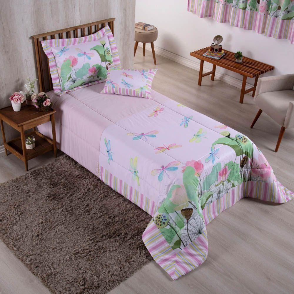 Kit Edredom Juvenil Solteiro 04 Peças Estampado 300 Fios - Libélula - 100% Poliéster - 1