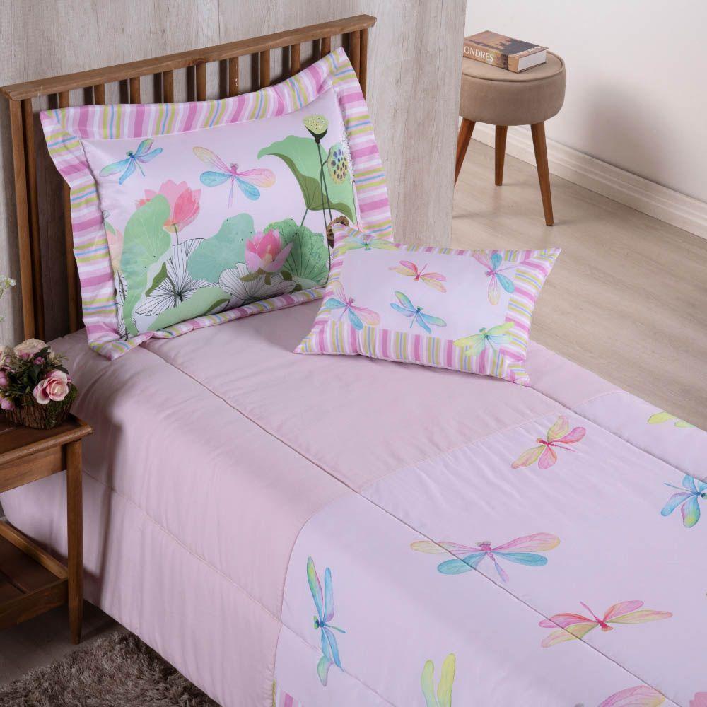 Kit Edredom Juvenil Solteiro 04 Peças Estampado 300 Fios - Libélula - 100% Poliéster - 2