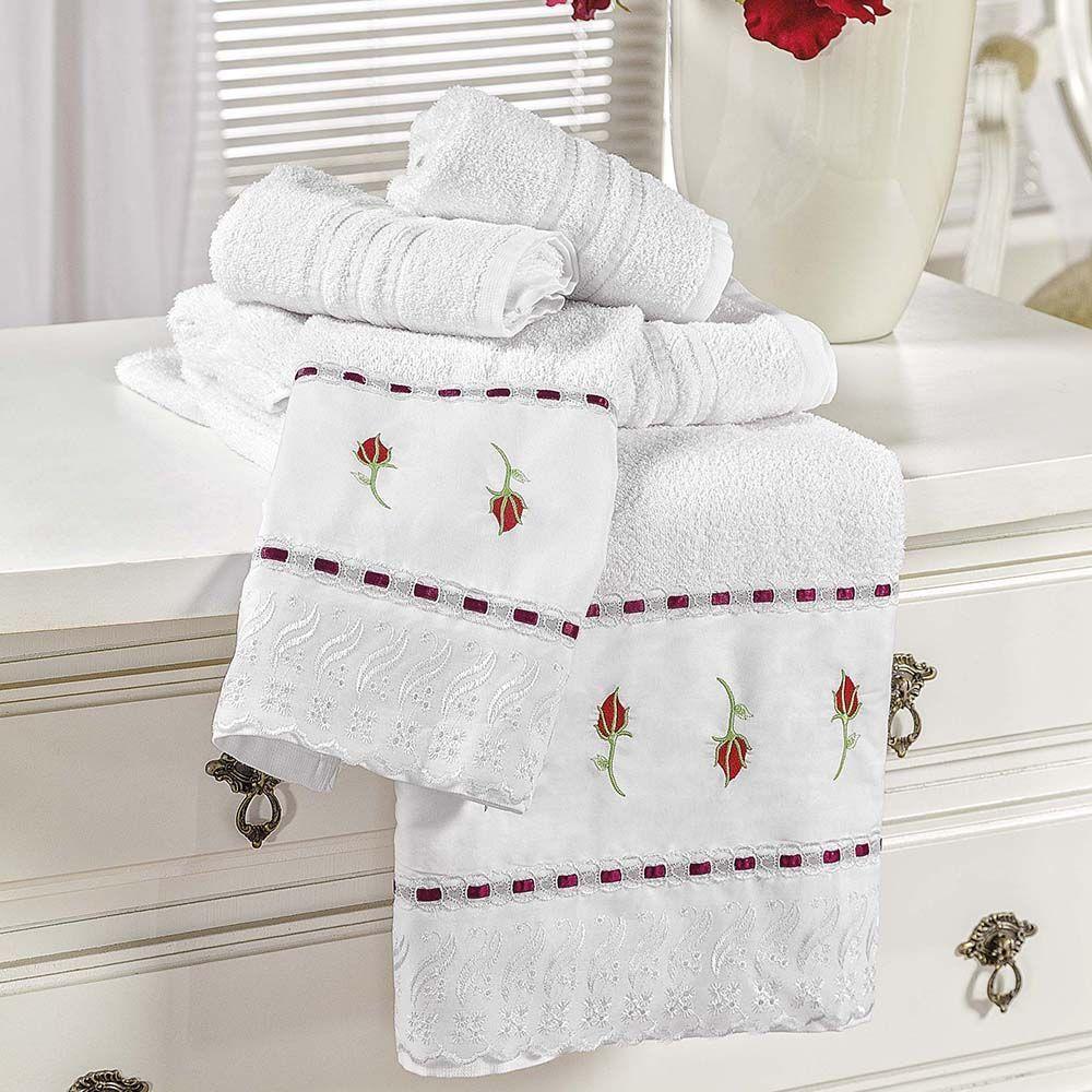 Jogo De Banho Toalhas Yasmin 5 Peças 100% Algodão 320g-m² Suave Floral - Branco - 1