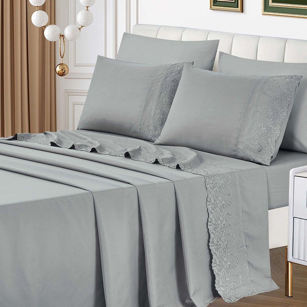 Jogo De Lençol Lummi King 4 Peças Percal 300 Fios Bordado Inglês Macio - Cinza - 100% Poliéster - 1