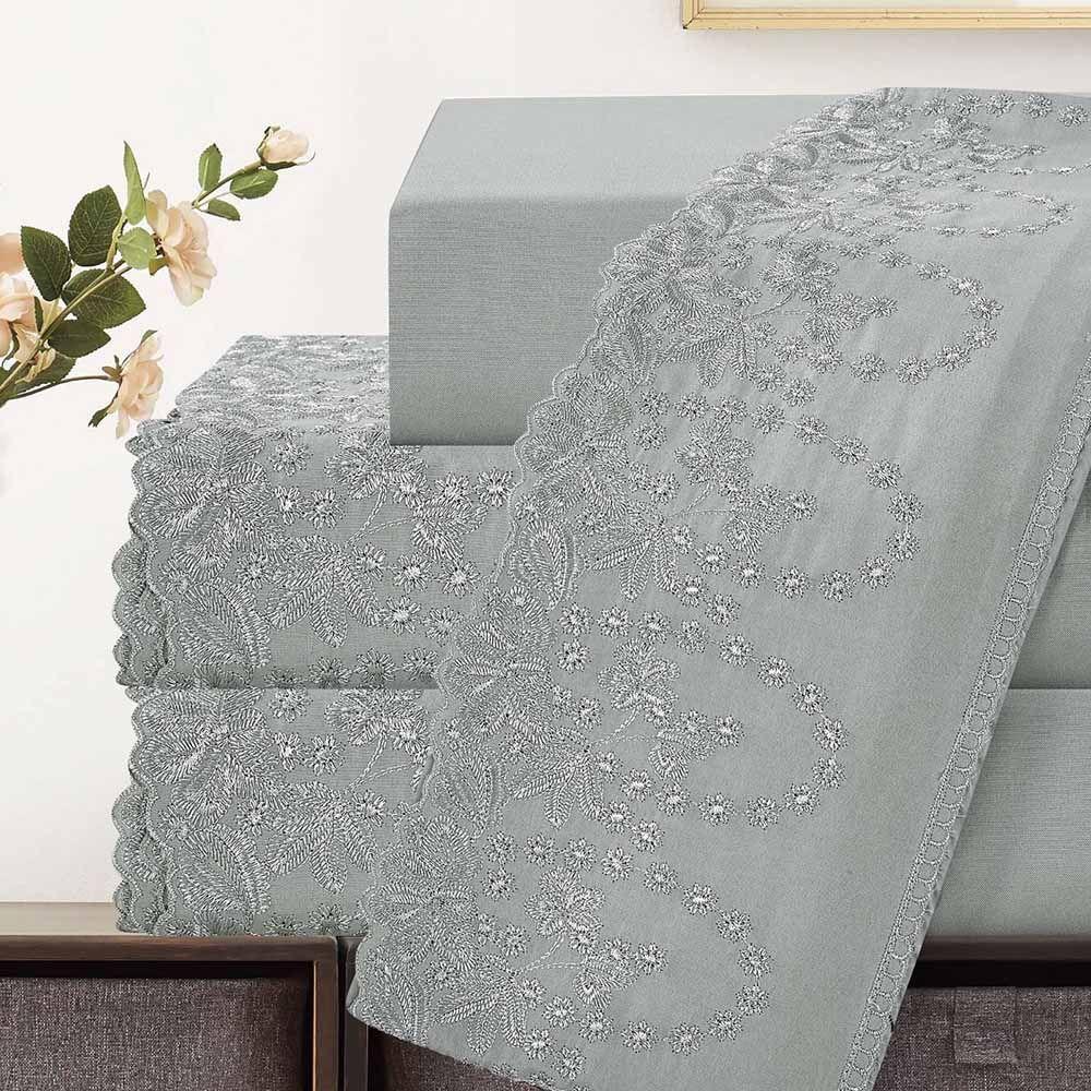 Jogo De Lençol Lummi King 4 Peças Percal 300 Fios Bordado Inglês Macio - Cinza - 100% Poliéster - 2