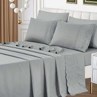 Jogo De Lençol Lummi King 4 Peças Percal 300 Fios Bordado Inglês Macio - Cinza - 100% Poliéster - 1