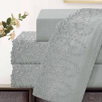 Jogo De Lençol Lummi King 4 Peças Percal 300 Fios Bordado Inglês Macio - Cinza - 100% Poliéster - 2