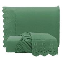 Jogo De Lençol Realce King 3 Peças Percal 300 Fios Bordado Inglês Macio - Verde - 100% Poliéster - 1