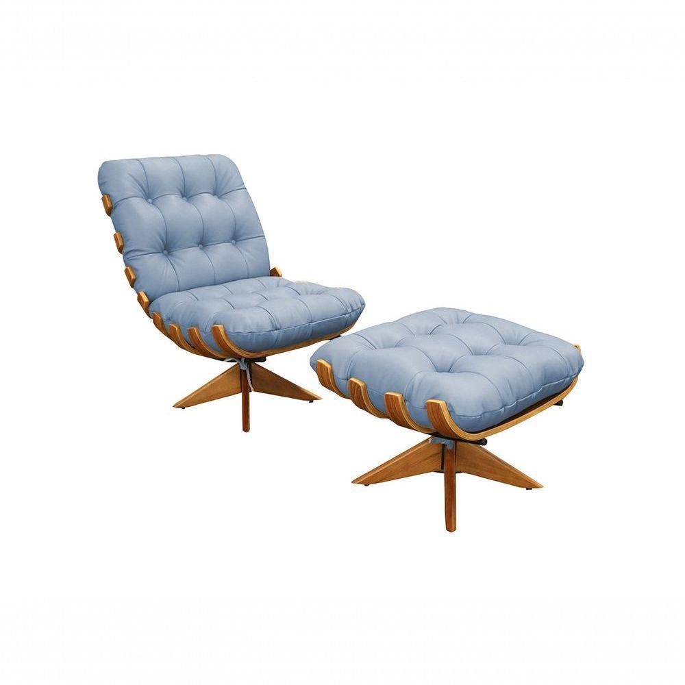 Poltrona E Puff Giratórios De Couro Costela Wood Light Blue - 9