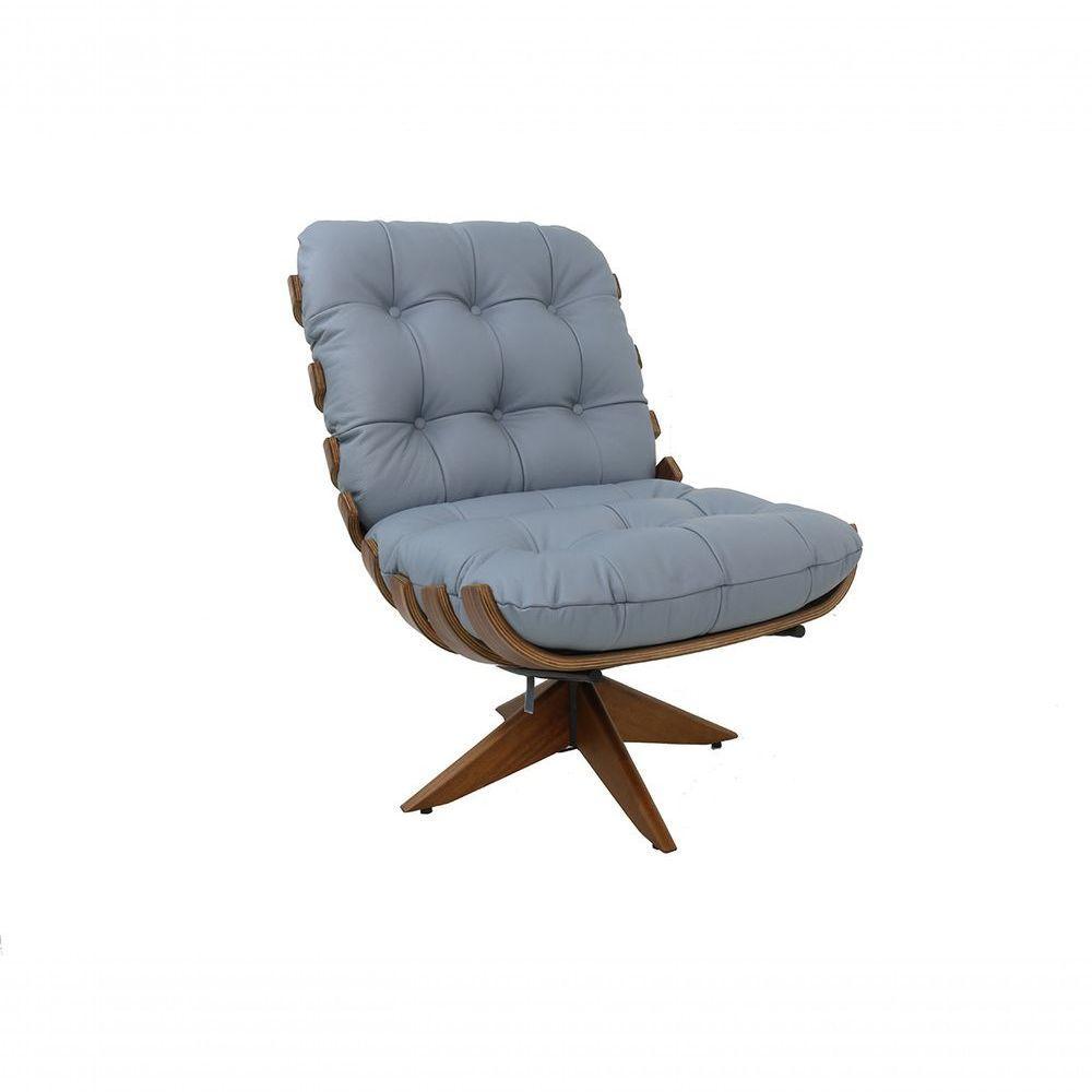 Poltrona E Puff Giratórios De Couro Costela Wood Light Blue - 10