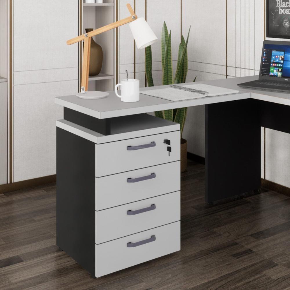 Gaveteiro De Escritório Com Tampo Auxiliar 90cm Com Chave 4 Gavetas Multimóveis Cr25300 Cinza Preto - 1